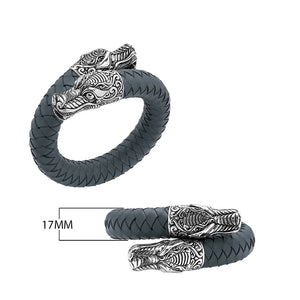 925 Sterling Silver Dragon Bracelet With Grey Leather On White Background