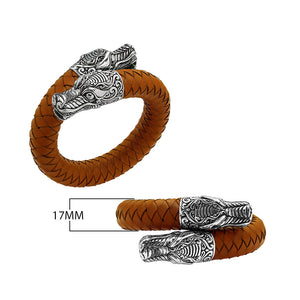 925 Sterling Silver Dragon Bracelet With Orange Leather On White Background