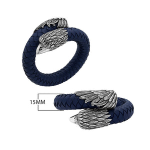 925 Sterling Silver Eagle Bracelet With Blue Leather On White Background
