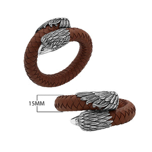 925 Sterling Silver Eagle Bracelet With Light Brown Leather On White Background