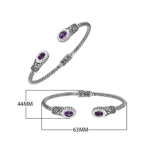 Silver twisted cable bangle in 925 sterling silver with Amethyst Quartz ends and Balinese engraving.