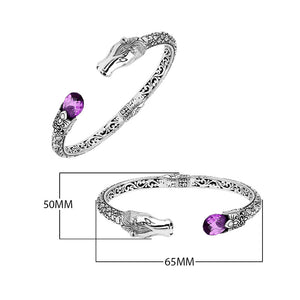 Sterling Silver Dragon Head Bangle with Amethyst Quartz handcrafted in Bali featuring intricate filigree detailing.