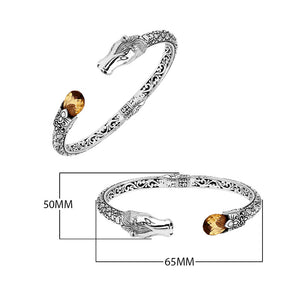 Sterling Silver Dragon Head Bangle with Citrine Quartz handcrafted in Bali featuring intricate filigree and oxidized finish.
