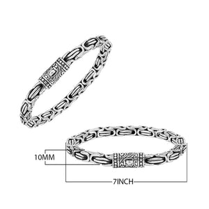 A wholesale sterling silver chain bracelet featuring thick Balinese links, oxidized detailing, polished finishing, and a secure push clasp suitable for premium bulk jewelry purchasing.