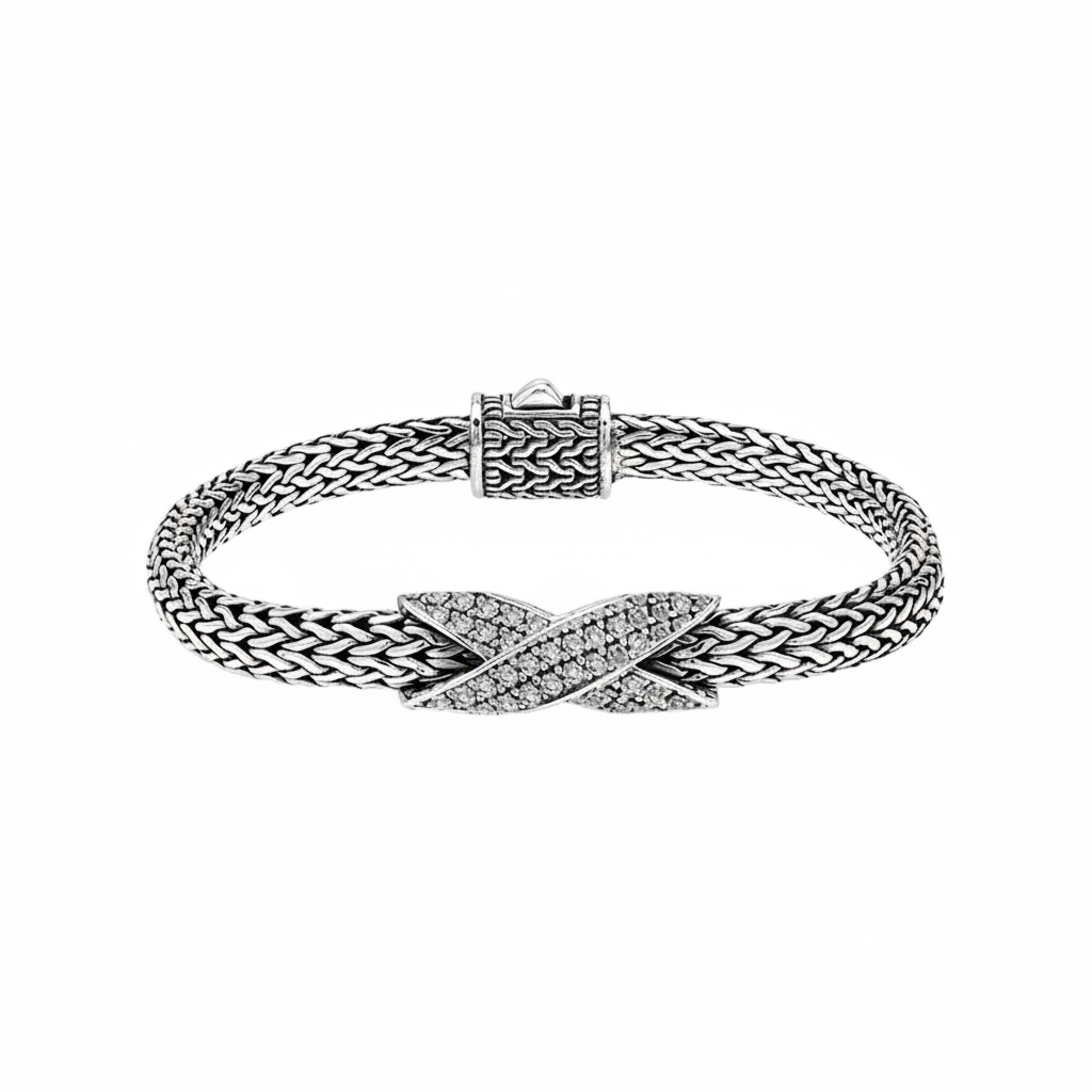 Sterling silver woven chain bracelet with White Cubic Zirconia crossover accent handcrafted in Bali.