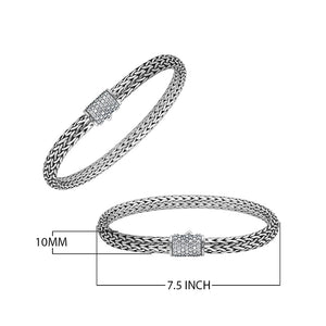 A wholesale sterling silver slim woven bracelet featuring a CVD Diamond-studded push clasp with polished and oxidized detailing, crafted for premium bulk jewelry collections demanding refined shine and durability.