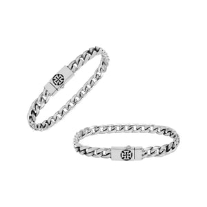 A wholesale sterling silver classic curb bracelet featuring a polished finish and engraved Push Clasp, crafted with refined contemporary styling for premium bulk jewelry selections.