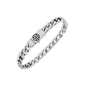A wholesale sterling silver classic curb bracelet featuring a polished finish and engraved Push Clasp, crafted with refined contemporary styling for premium bulk jewelry selections.