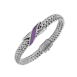 Sterling Silver woven chain bracelet featuring a polished push clasp and a central Amethyst Quartz accented section, designed for durable, elegant, and high-quality wholesale presentation.