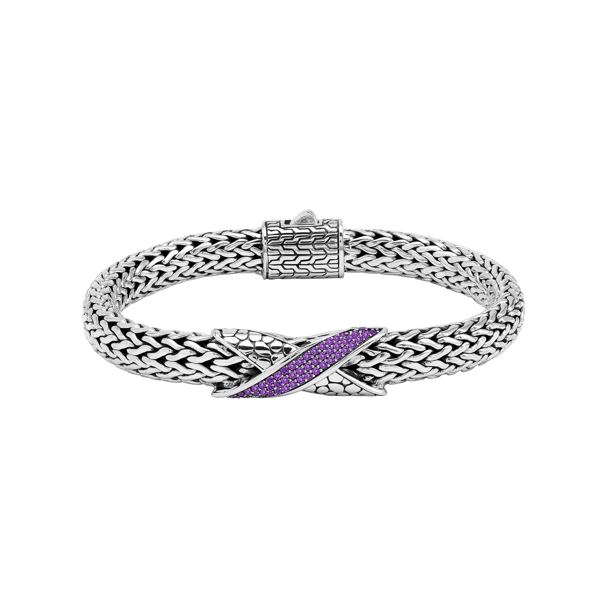 Sterling Silver woven chain bracelet featuring a polished push clasp and a central Amethyst Quartz accented section, designed for durable, elegant, and high-quality wholesale presentation.