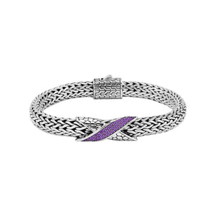 Sterling Silver woven chain bracelet featuring a polished push clasp and a central Amethyst Quartz accented section, designed for durable, elegant, and high-quality wholesale presentation.