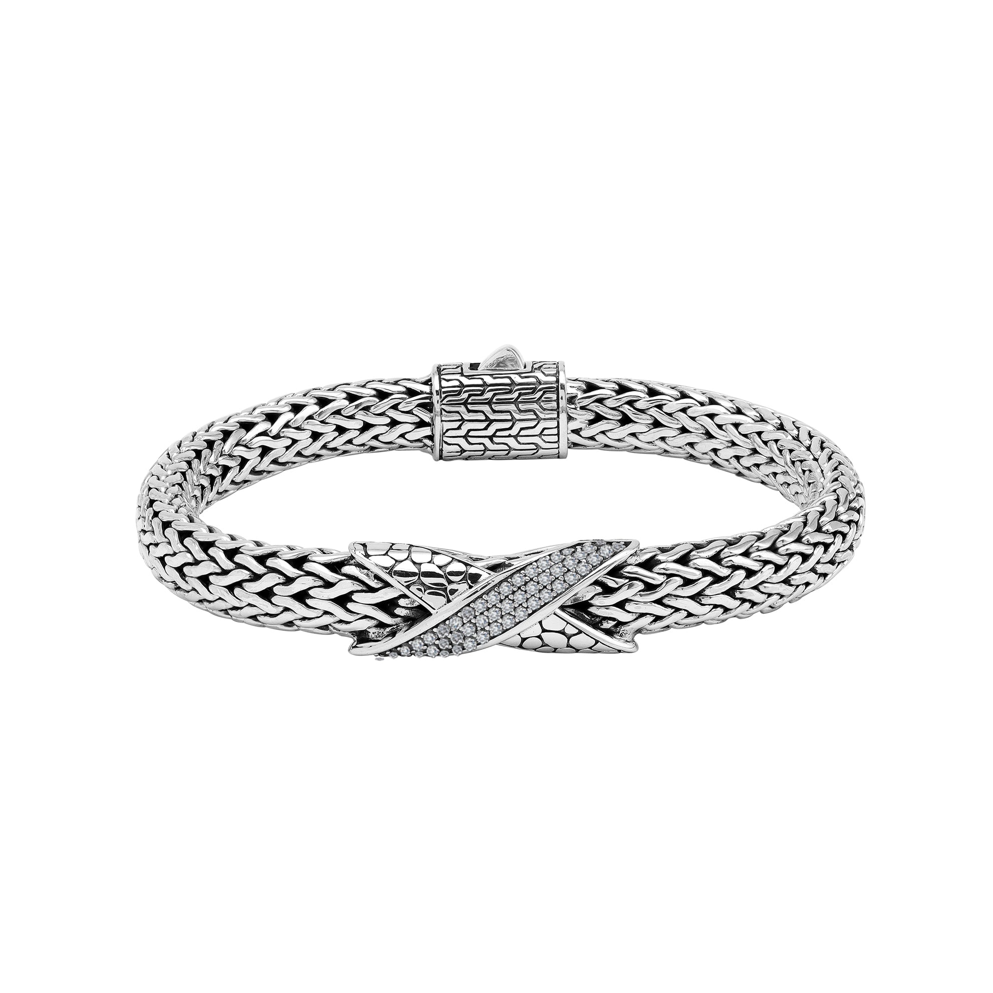 Sterling Silver woven bracelet featuring a polished push clasp and a sparkling Cubic Zirconia crisscross centerpiece, designed with durable construction and fine detailing for professional wholesale presentation.