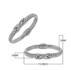 Sterling Silver woven bracelet featuring a polished push clasp and a sparkling Cubic Zirconia crisscross centerpiece, designed with durable construction and fine detailing for professional wholesale presentation.