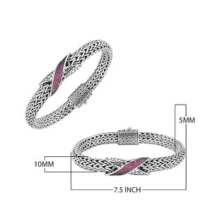 Sterling Silver woven chain bracelet featuring a polished push clasp and a Ruby Quartz crisscross accent centerpiece crafted with detailed metalwork for an elegant and durable wholesale presentation.