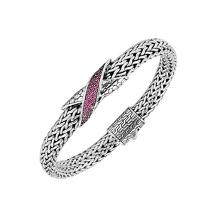 Sterling Silver woven chain bracelet featuring a polished push clasp and a Ruby Quartz crisscross accent centerpiece crafted with detailed metalwork for an elegant and durable wholesale presentation.