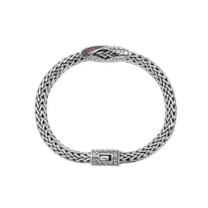 Sterling Silver woven chain bracelet featuring a polished push clasp and a Ruby Quartz crisscross accent centerpiece crafted with detailed metalwork for an elegant and durable wholesale presentation.