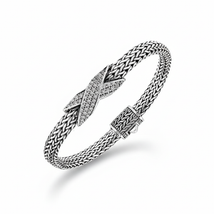 Sterling silver woven chain bracelet with White Cubic Zirconia crossover accent handcrafted in Bali.