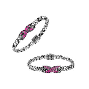 Sterling silver woven chain bracelet with purple Ruby Quartz crossover accent handcrafted in Bali.