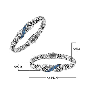 Sterling Silver woven chain bracelet featuring a polished push clasp and a Sapphire Quartz crisscross centerpiece, crafted with detailed metalwork for durable, elegant, and high-quality wholesale presentation.