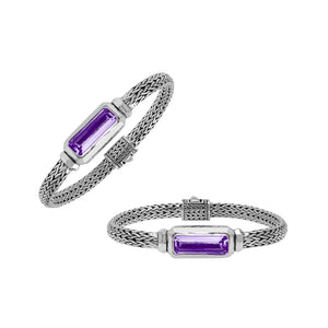 Wholesale sterling silver bracelet with rectangular amethyst quartz baguette and woven silver chain handcrafted in Bali.