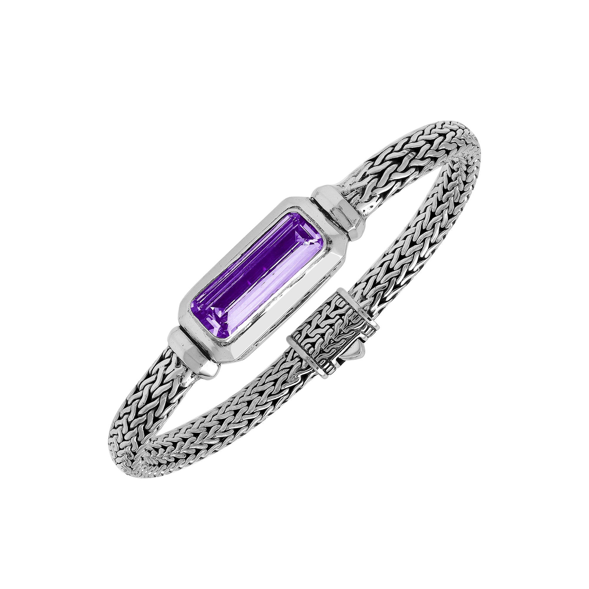 Wholesale sterling silver bracelet with rectangular amethyst quartz baguette and woven silver chain handcrafted in Bali.