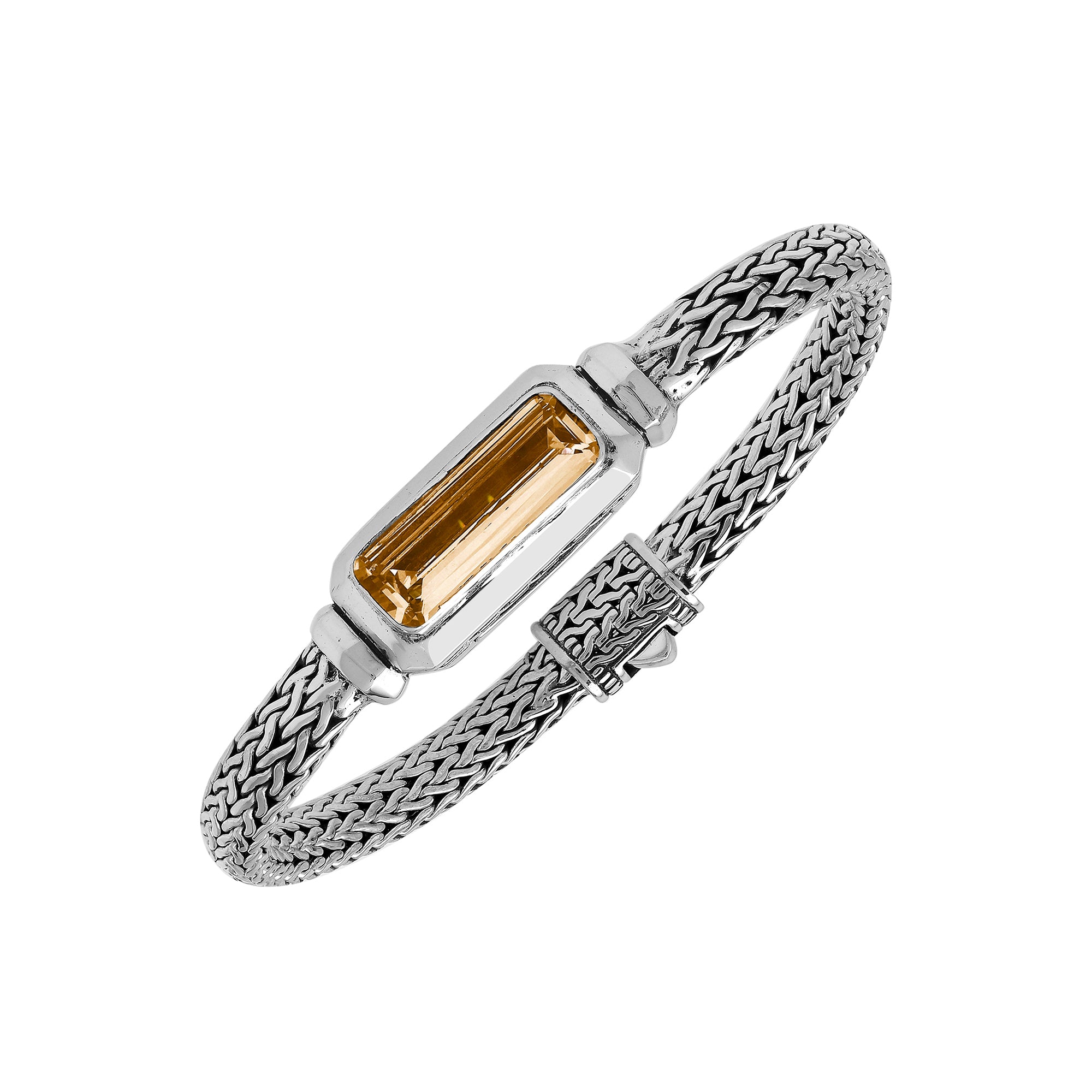 Sterling silver wheat chain bracelet with rectangular citrine quartz centerpiece handcrafted in Bali.