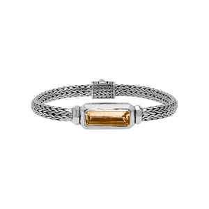 Sterling silver wheat chain bracelet with rectangular citrine quartz centerpiece handcrafted in Bali.
