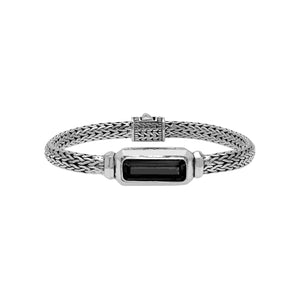 Sterling Silver woven bracelet featuring a polished push clasp and an elongated Black Onyx rectangular centerpiece, crafted with refined detailing for durable, elegant wholesale presentation.