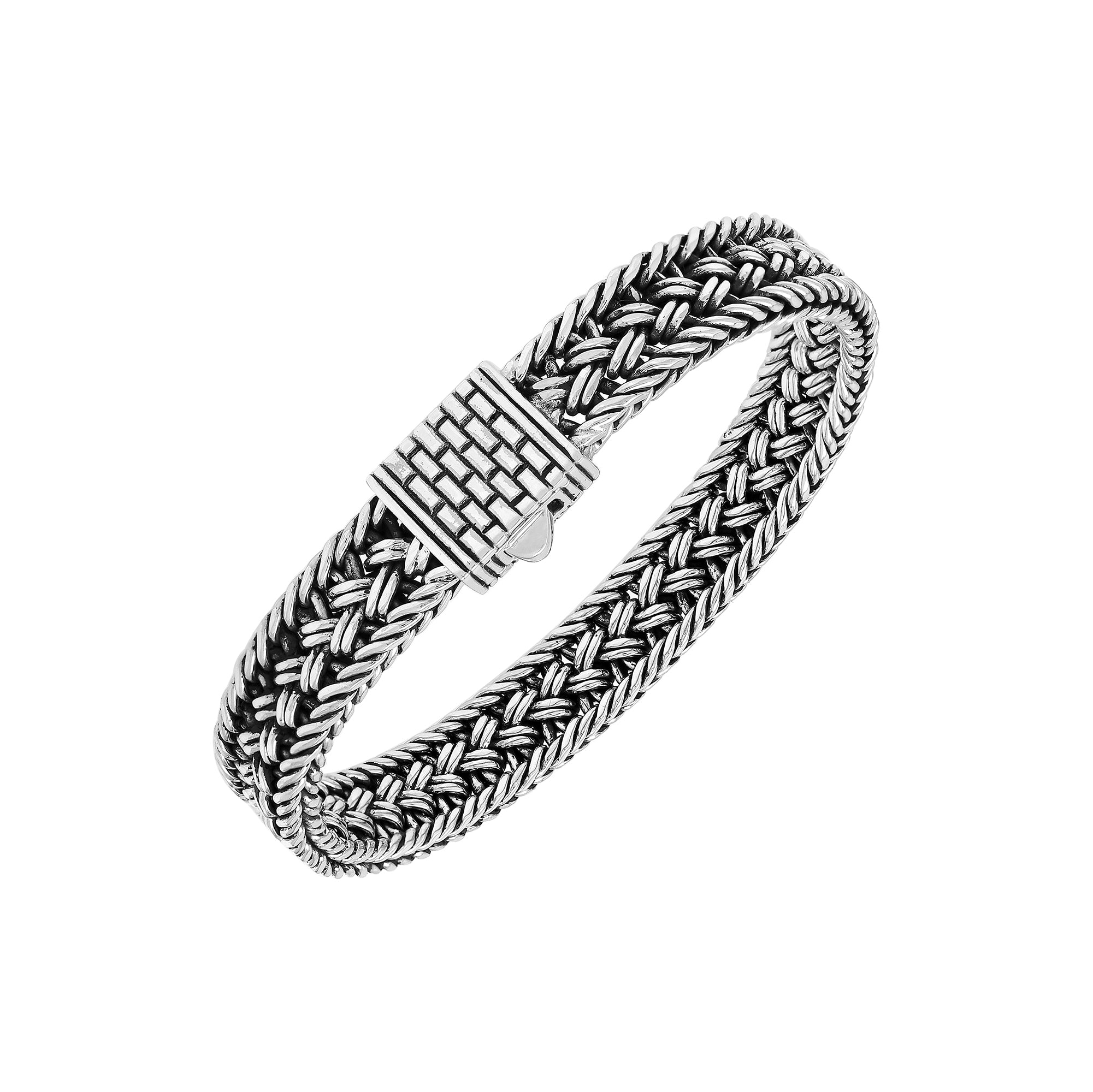 Sterling silver braided chain bracelet with textured clasp handcrafted in Bali.