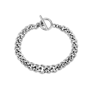 Sterling Silver curb chain bracelet featuring a smooth toggle lock and polished high-gloss surface, crafted to provide durable structure for premium wholesale presentation.