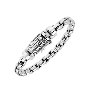Sterling silver round braided link chain bracelet featuring substantial interwoven links, polished surfaces, oxidized accents, and an engraved decorative box clasp.