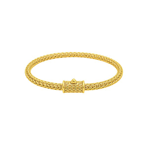 18K gold rounded woven chain bracelet with push clasp lock and polished handcrafted finish.