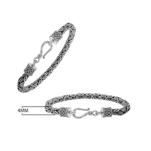 Wholesale sterling silver bracelet showcasing a detailed 4MM woven Balinese chain with oxidized texture and a secure lobster lock suitable for catalog listings.