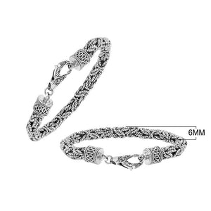 Wholesale sterling silver bracelet featuring a handcrafted 6MM Balinese woven chain with oxidized highlights and a secure lobster lock suitable for catalog and bulk listings.