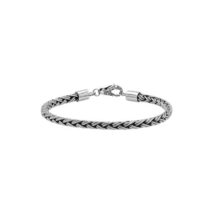 Sterling silver braided wheat chain bracelet with oxidized finish and hook clasp handcrafted in Bali.