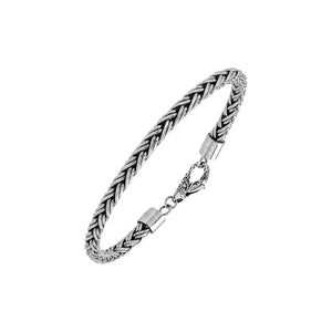 Sterling silver braided wheat chain bracelet with oxidized finish and hook clasp handcrafted in Bali.