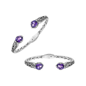 Sterling silver Amethyst Quartz open cuff bangle bracelet with handcrafted Balinese detailing