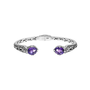 Sterling silver Amethyst Quartz open cuff bangle bracelet with handcrafted Balinese detailing