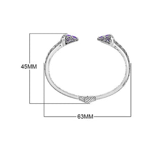 Sterling silver Amethyst Quartz open cuff bangle bracelet with handcrafted Balinese detailing