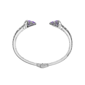 Sterling silver Amethyst Quartz open cuff bangle bracelet with handcrafted Balinese detailing