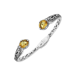 Sterling silver Citrine Quartz open cuff bangle bracelet with handcrafted Balinese detailing