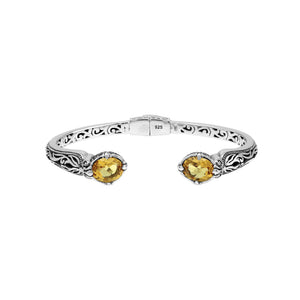 Sterling silver Citrine Quartz open cuff bangle bracelet with handcrafted Balinese detailing