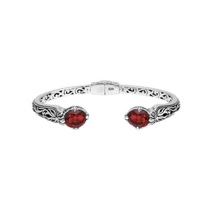 Sterling silver Garnet Quartz open cuff bangle bracelet with handcrafted Balinese detailing
