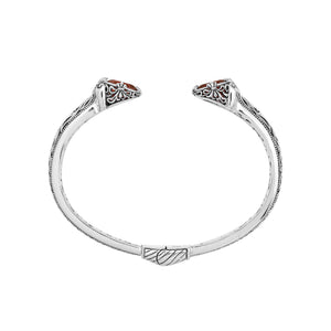 Sterling silver Garnet Quartz open cuff bangle bracelet with handcrafted Balinese detailing