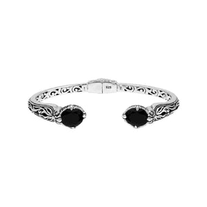 Sterling silver Black Onyx open cuff bangle bracelet with Balinese scrollwork accents