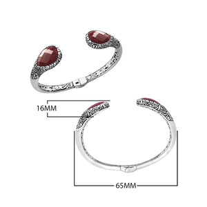 Wholesale sterling silver Bali engraved hinge cuff bracelet featuring ruby quartz accents and polished–oxidized detailing, crafted for premium bulk jewelry inventory selections.