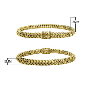 Wholesale 18K gold woven Bali chain bracelet featuring an ornate push clasp and high-polish finish, designed for premium inventory and upscale retail environments.