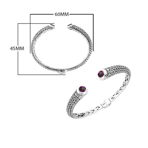 Wholesale sterling silver Bali engraved hinge cuff bracelet showcasing iridescent mystic quartz accents with polished–oxidized detailing, created for artistic and premium bulk jewelry inventory selections.