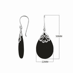 Sterling silver black shell teardrop earrings with scroll accent design for wholesale jewelry buyers
