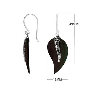 “Wholesale black shell leaf earrings with sterling silver wave accent – handcrafted Bali dangle jewelry”